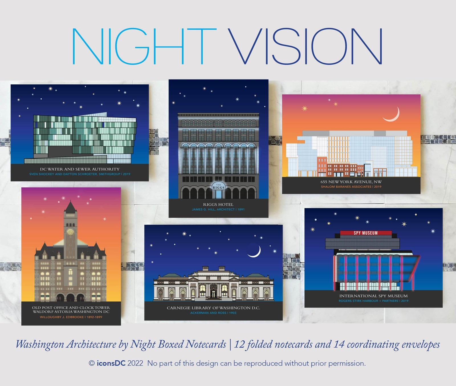 "DC by Night" Minimalist Architecture Blank Card Set